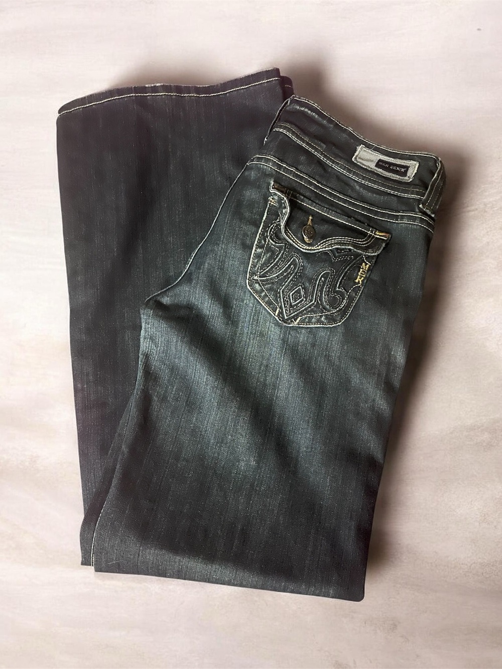 MEK Women's Dark Wash Bootcut Jeans with Embroidered Pocket